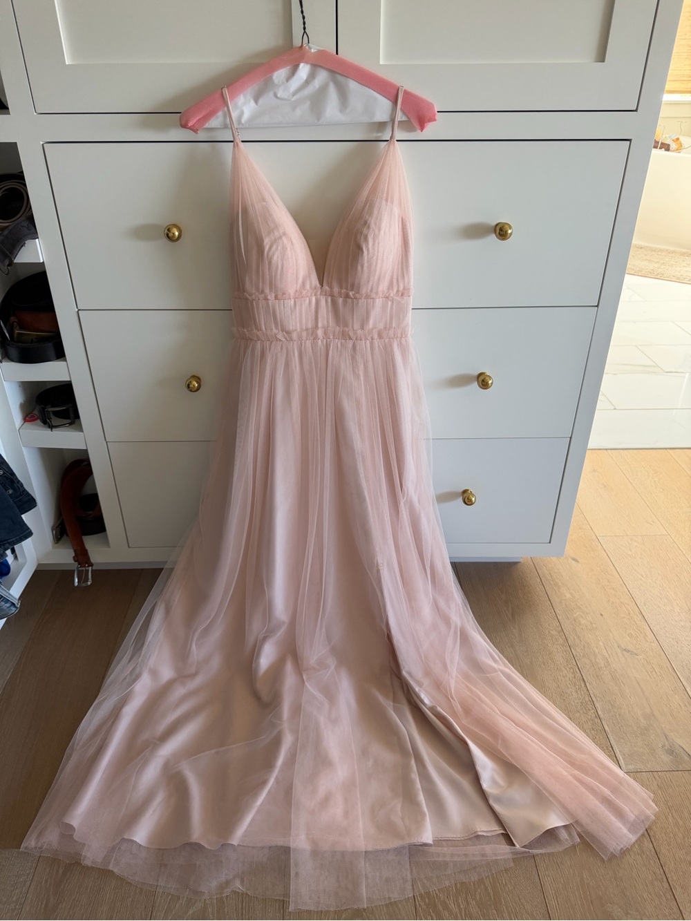 Revelry Alma Blush Pink Tulle V-Neck Spaghetti Strap Dress